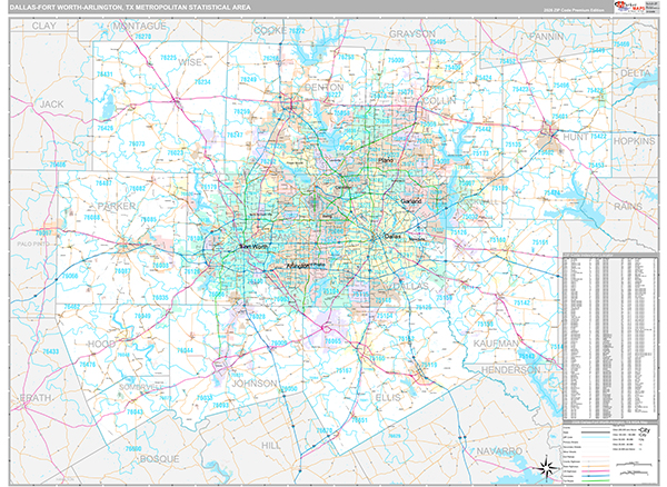 Dallas-Fort Worth-Arlington Metro Area Wall Map Premium Style